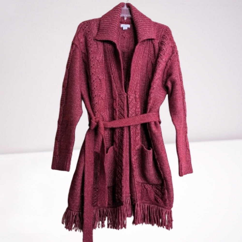 Sundance Eleanore Long Cardigan Sweater Rhubarb Red Wool Cable Knit Medium